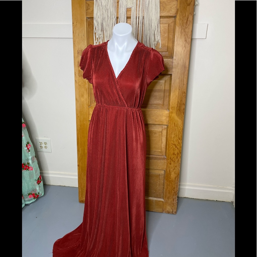 NWT Baltic Born Athena Burnt Orange V-Neck Empire Waist Pleated Stretch Maxi - Picture 10 of 15